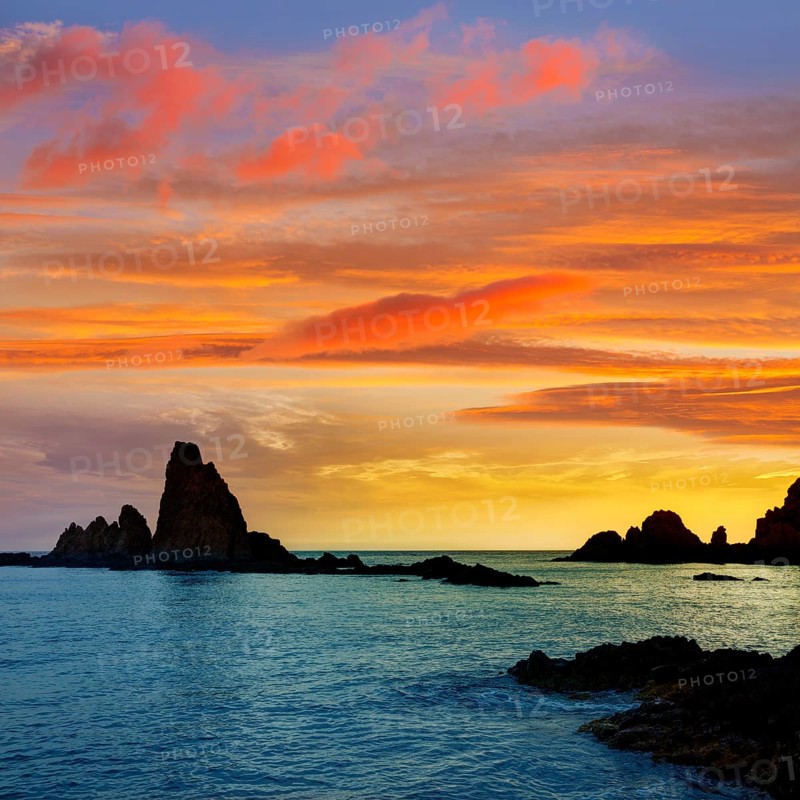 Almeria Cabo de Gata las Sirenas point sunset rocks in Mediterranean sea of Spain