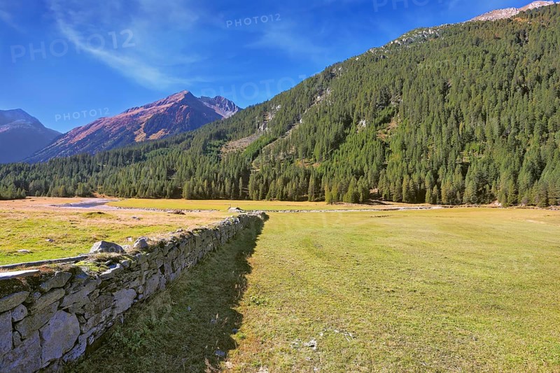Scenic farm fields blocked by the stone fence. Shadow of the low fence beautifully lie on the grass. Alpine Valley in Austria. National Park Krimml waterfalls