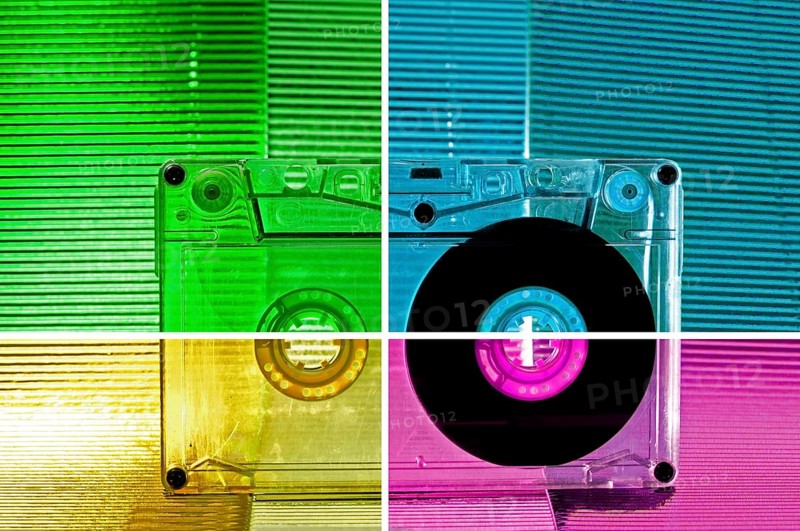 Transparent Cassette tape. Multicolored background