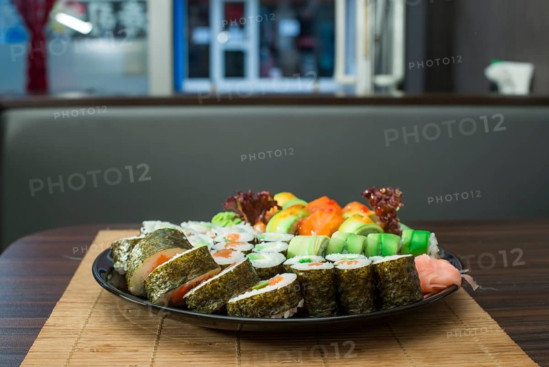 Plate of sushi in restaurant