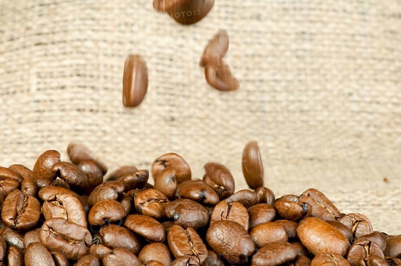 Coffee beans closeup on burlap