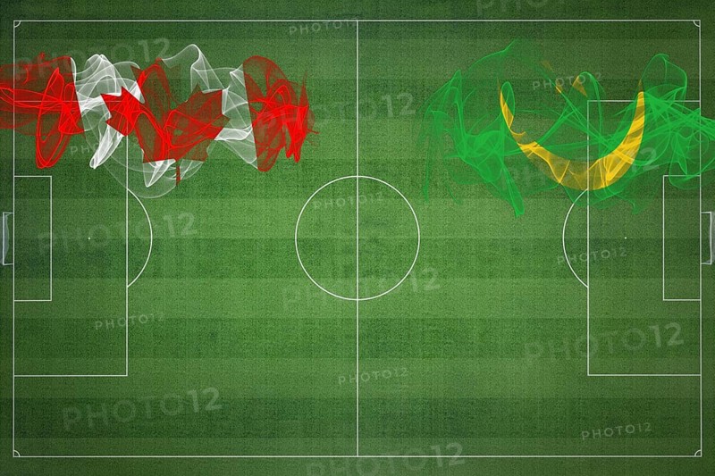 Canada vs Mauritania Soccer Match, national colors, national flags, soccer field, football game, Competition concept, Copy space