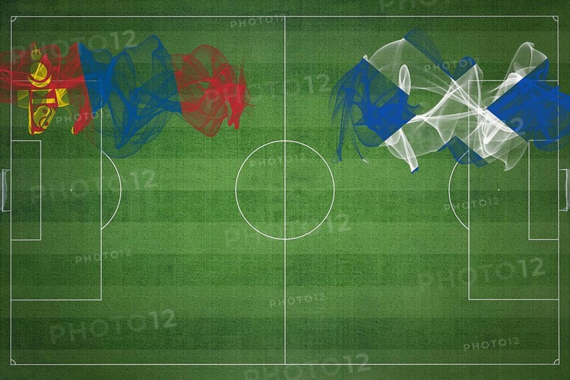 Mongolia vs Scotland Soccer Match, national colors, national flags, soccer field, football game, Competition concept, Copy space