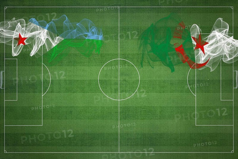 Djibouti vs Algeria Soccer Match, national colors, national flags, soccer field, football game, Competition concept, Copy space