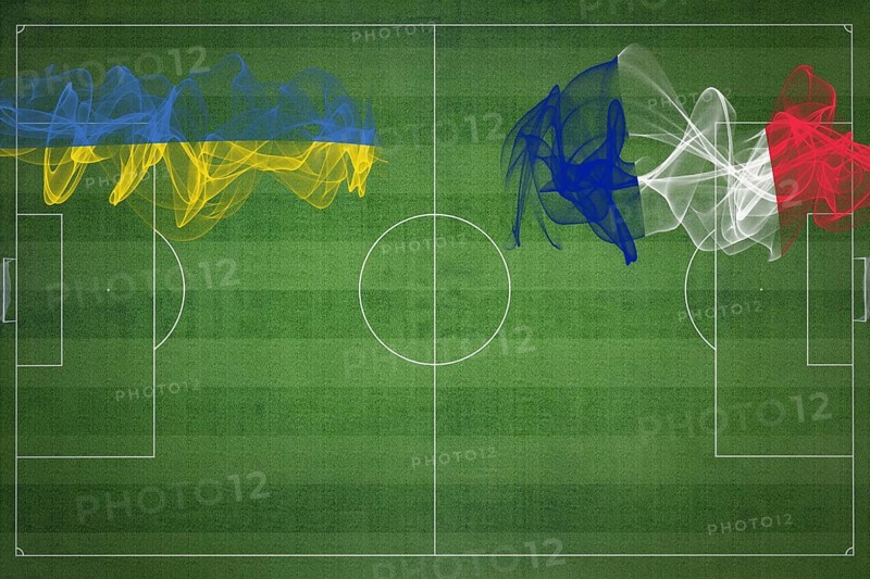 Ukraine vs France Soccer Match, national colors, national flags, soccer field, football game, Competition concept, Copy space