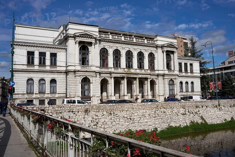 National Theatre Sarajevo, south side, in front the river Miljacka, city centre, Sarajevo, Bosnia and Herzegovina, Europe