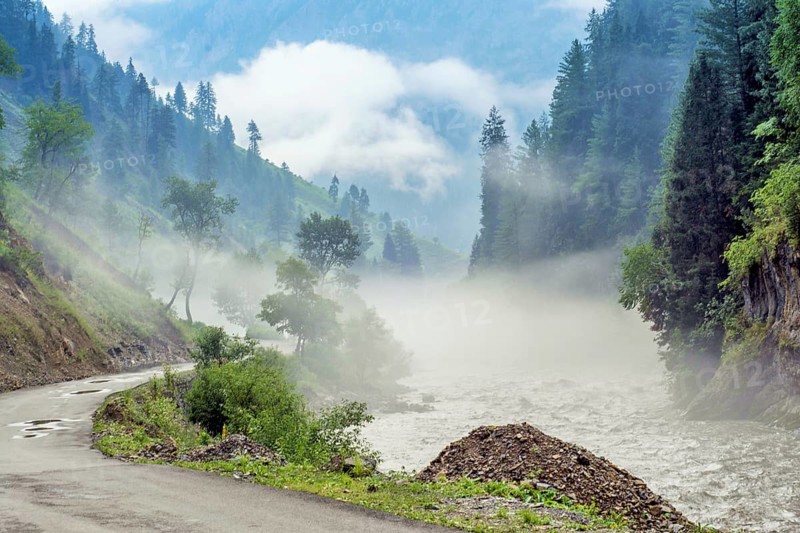 Road and Kishanganga river, Gurez valley, Kashmir, India, Asia
