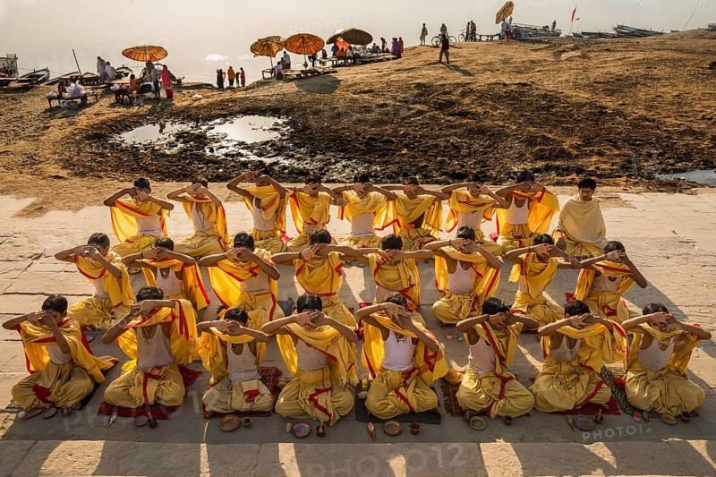 Students performing yoga varanasi uttar pradesh, india, asia