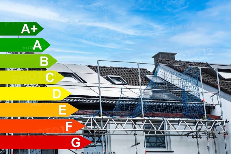 Scaffolding and solar panels on the roof of a detached house in Essen, energy efficiency classes according to the GEG, Essen, Germany, Europe