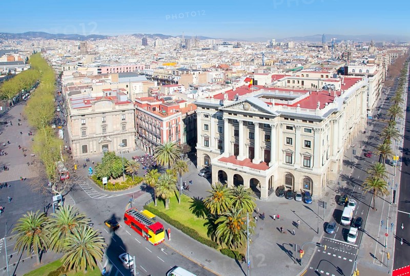 Aerial Barcelona view with Ramblas and Paseo passeig de Colon