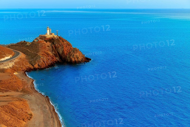 Almeria Cabo de Gata lighthouse sunset in Mediterranean sea of Spain