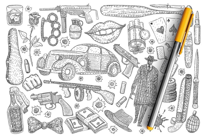 Crimes and robbery symbols doodle set. Collection of hand drawn gun money poison luxury car revolver pistol detective in hat isolated on transparent background. Illustration of criminal story