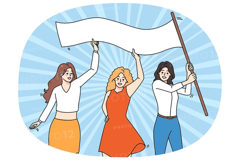 Smiling diverse women with banner for international woman day celebrate together. Happy female activists fight for feminist rights and equality. Feminism and girl power. Vector illustration