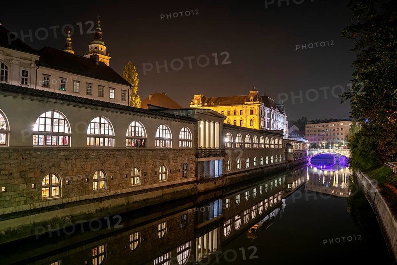 Iconic building of the central market in Ljubljana illuminated at night, the bridge of Preseren sqare in the background, Slovenia, Europe