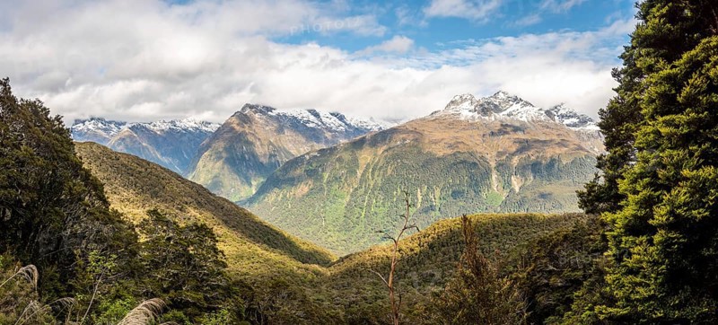 Majestic mountain landscape from famous Routeburn track, Fiordland National Park, South Island of New Zealand