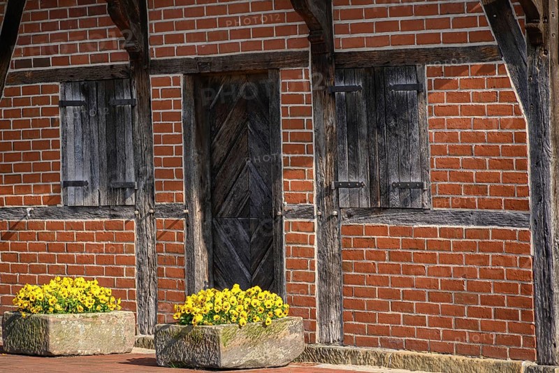 Detail of a brick wall with wooden framework elements and two flower boxes with yellow flowers, wüllen, münsterland, germany