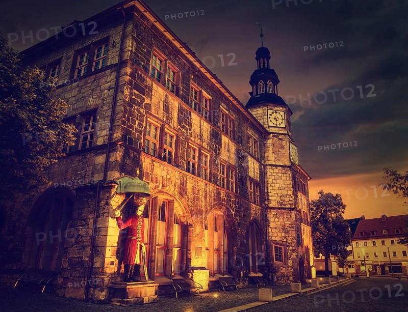 Stadt Nordhausen Rathaus sunset city hall with Roland figure in Thuringia Germany