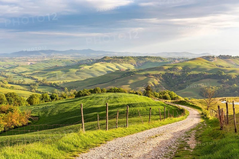 Rural view of the valley with a rolling landscape and a dirt road in Tuscany, Italy, Europe