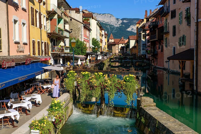 View of Thiou river and the old city of Annecy, the largest city of Haute-Savoie department in France