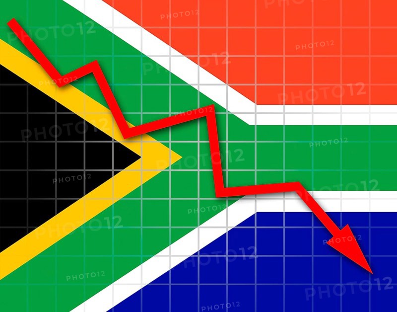 The Republic of South Africa flag and arrow graph going down