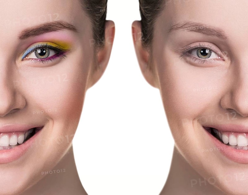 Comparative portrait of female face, without and with makeup