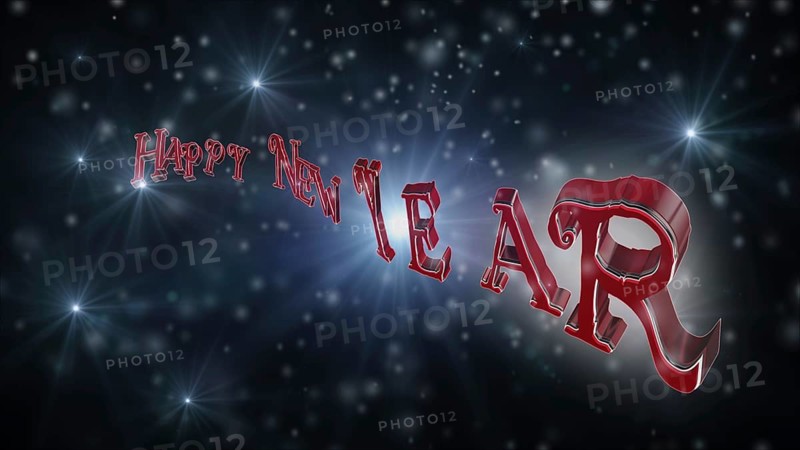 Happy New Year Text On Black Backround Full of Snow, Stars and Light