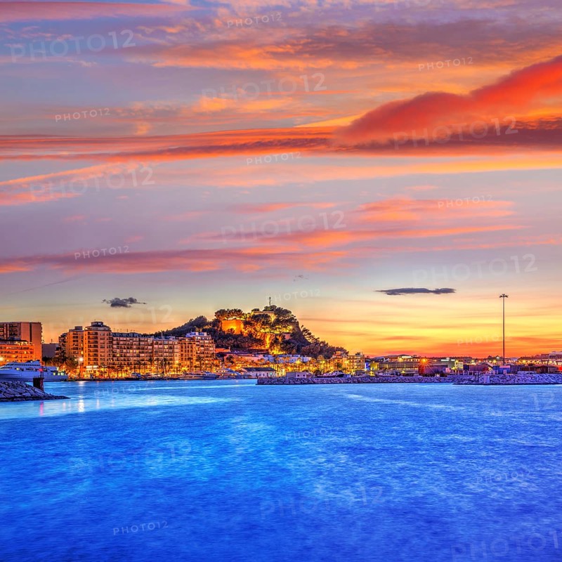 Denia sunset village skyline at dusk in Alicante at spain
