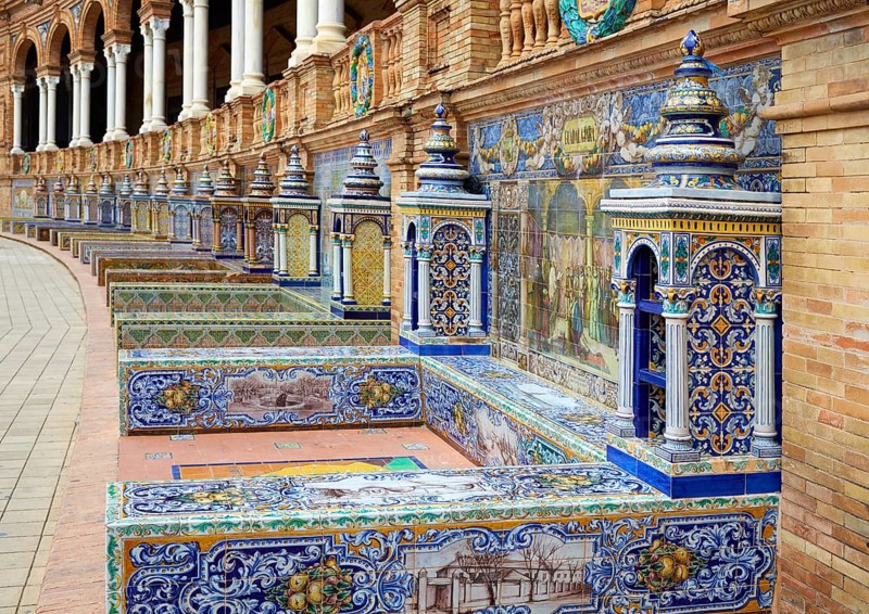 Seville Sevilla Plaza de Espana provincial bench Andalusia Spain square
