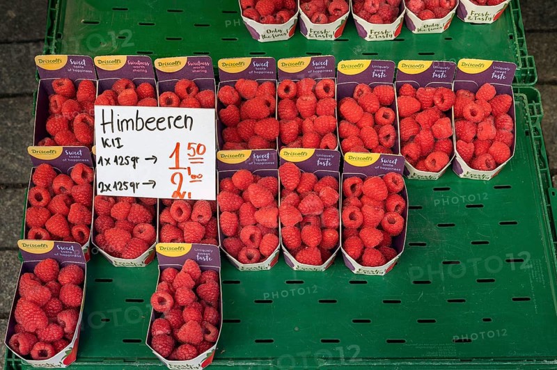 Raspberries (Rubus idaeus), in cardboard trays, Kempten, Allgäu, Bavaria, Germany, Europe