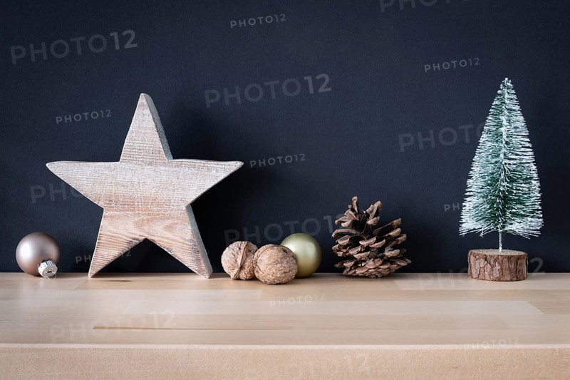 Christmas decoration glass balls with wooden star and fir tree