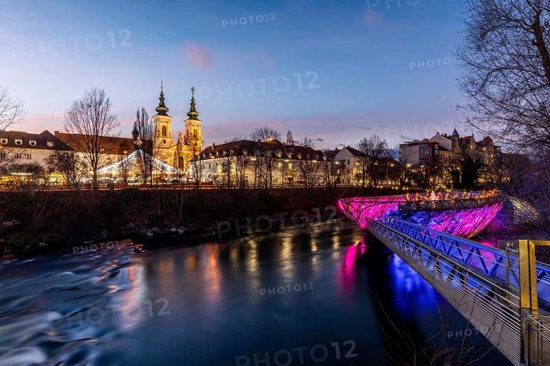 Illuminated Murinsel, Mariahilferkirche in the background, night shot, Graz, Styria, Austria, Europe