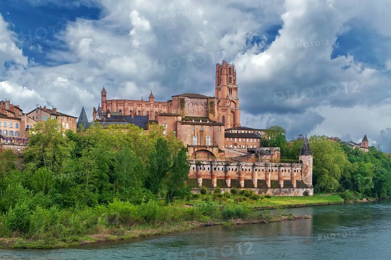 View of cathedral and Berbie palace from Tarn river, Albi, France, Europe