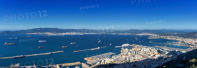 Gibraltar, United Kingdom, 27 April, 2024: panorama view of Gibraltar and the airport with La Linea and the Spanish border behind, Europe