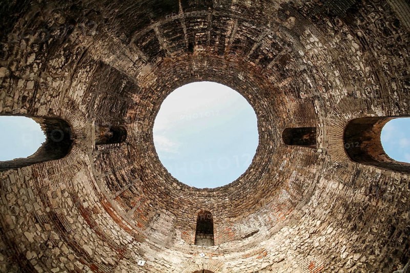 View up on a giant cupola of the Diocletian palace in Split, Croatia, Europe