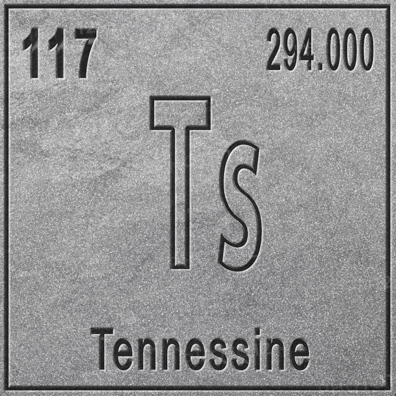 Tennessine chemical element, Sign with atomic number and atomic weight, Periodic Table Element, silver background