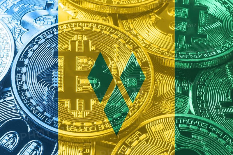 Saint Vincent and the Grenadines bitcoin flag, national flag cryptocurrency concept black background