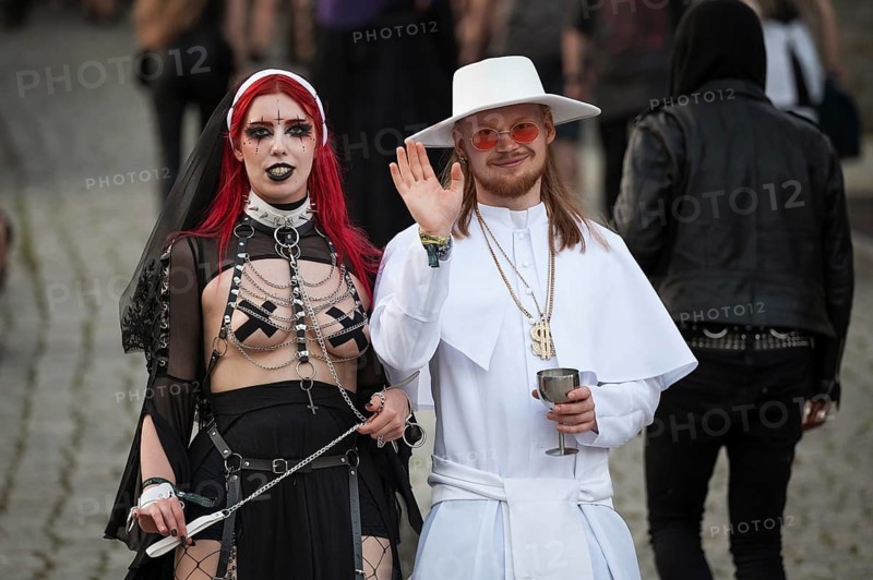 BOLKOW, POLAND - JULY 14, 2023: An unidentified participants of the Castle Party on the street in town. Castle Party is a dark independent festival.