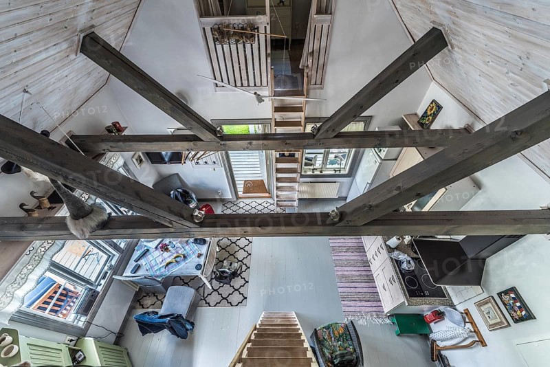 Rensmur, Sala Vastmanland County -Sweden, 08 06 2019: Wooden structure of the ceiling of a traditional Swedish summer house