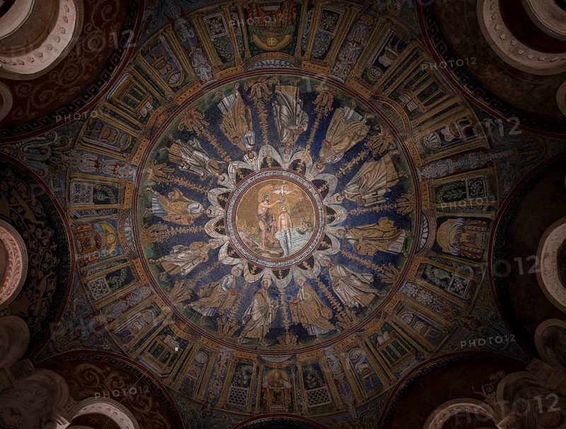 Baptistery of Ravenna Cathedral (also known as the Baptistery of the Orthodox, Battistero Neoniano or Neonic Baptistery), view of the dome mosaic depicting the baptism of Christ
