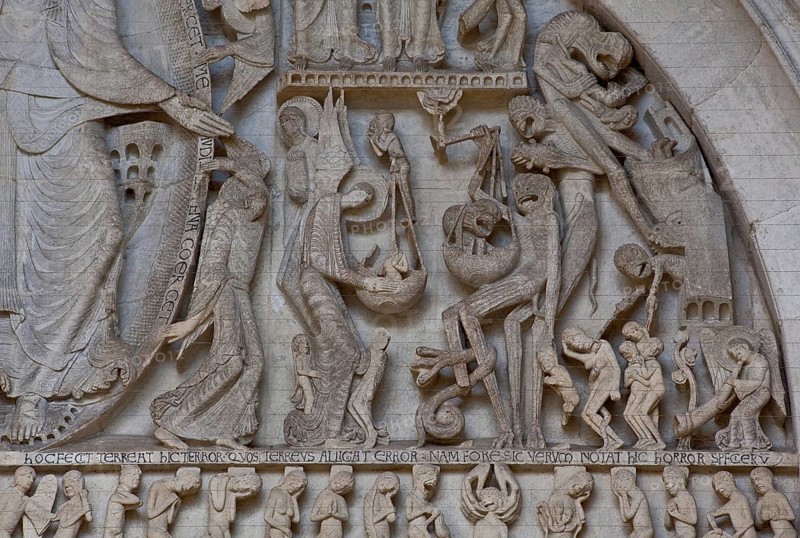 Autun, Cathedral St-Lazare, portal of the Last Judgement around 1135 by Master Gislebertus, tympanum with weighing of souls and the elect and damned, St., Saint, Saint