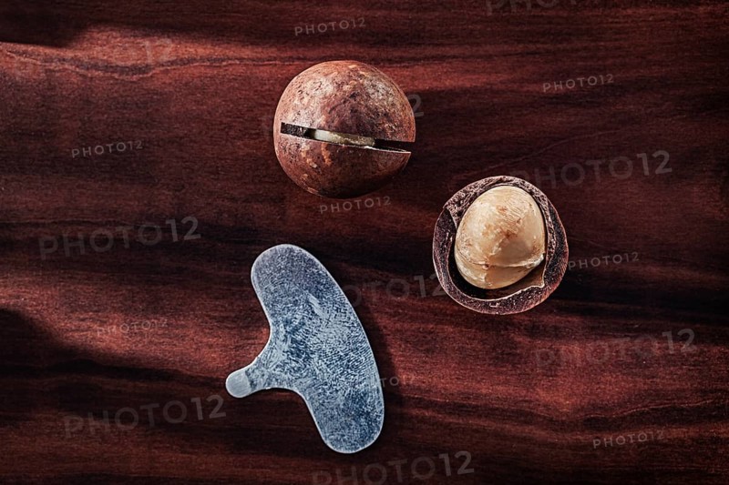 .Macadamia Nuts On Vintage Wooden Board