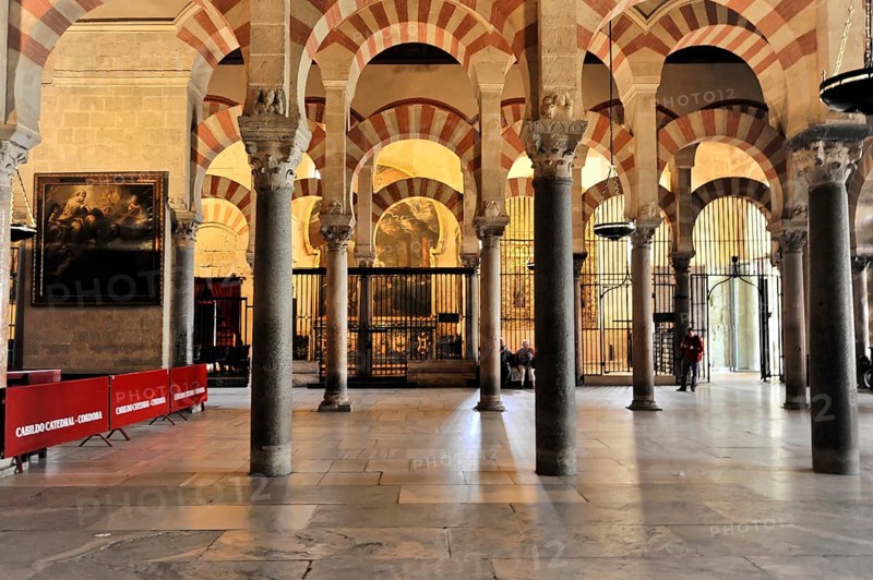 La Mezquita, Mosque, Cathedral of Cordoba, Cordoba, Andalusia, Spain, Europe, Interior with detailed decoration, stone columns and arches, Europe