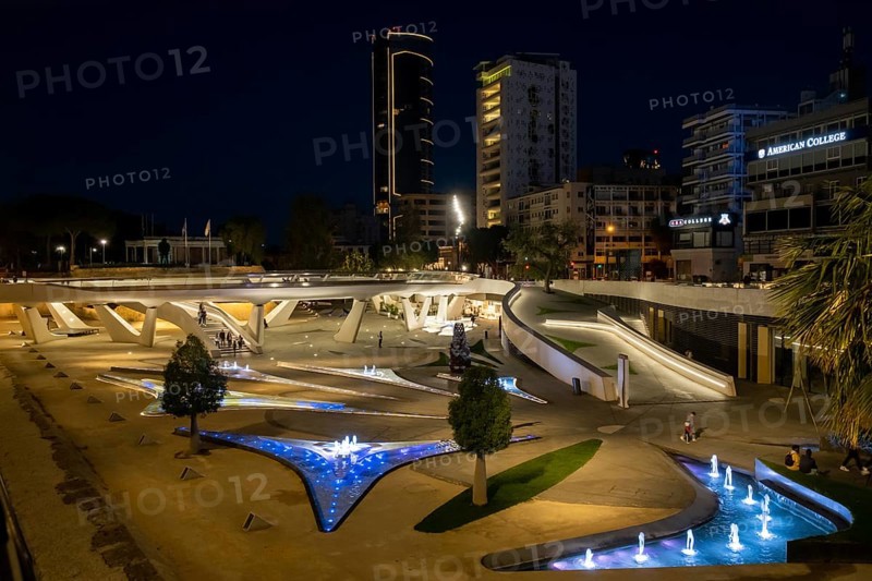 Nicosia Cyprus, April 22 2022: Liberty square eleftheria square with the modern and futuristic architecture in the centre of Nicosia the capital city of Cyprus at night