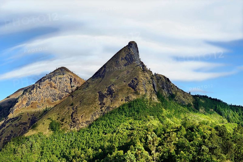 Two rocky mountain tops and valley, Kolukkumalai, Western Ghats, Suryanelli, Theni, Tamil Nadu, India, Asia