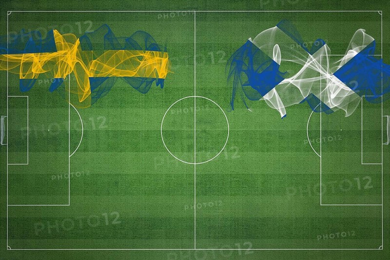 Sweden vs Scotland Soccer Match, national colors, national flags, soccer field, football game, Competition concept, Copy space