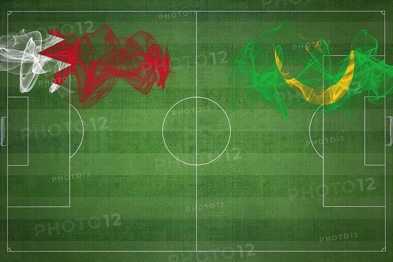 Bahrain vs Mauritania Soccer Match, national colors, national flags, soccer field, football game, Competition concept, Copy space