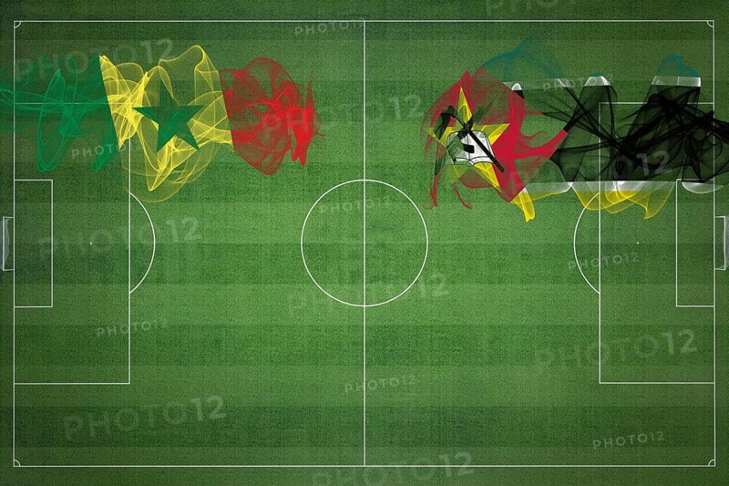 Senegal vs Mozambique Soccer Match, national colors, national flags, soccer field, football game, Competition concept, Copy space