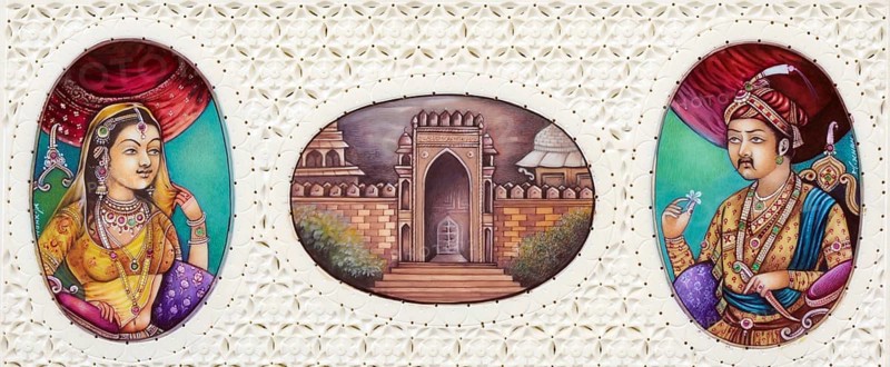 Miniature painting of Mughal Emperor Akbar With Wife Jodha Bai