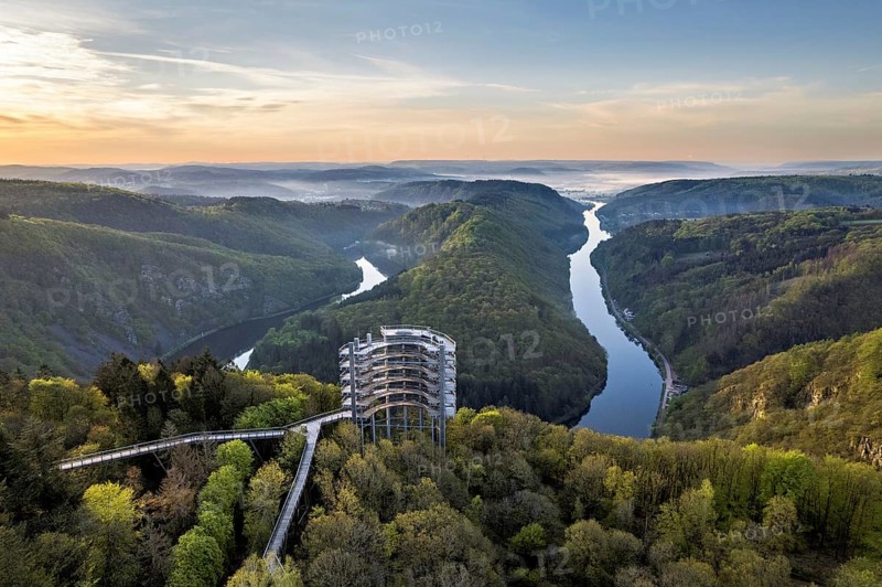 Aerial view of the Saarschleife in Mettlach with the treetop walk in spring, Germany, Europe