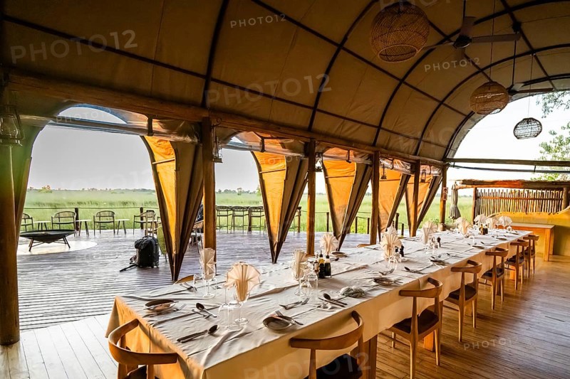Set table in the restaurant, Okuti Camp, Moremi Game Reserve, Okavango Delta, Maun, Botswana, Africa